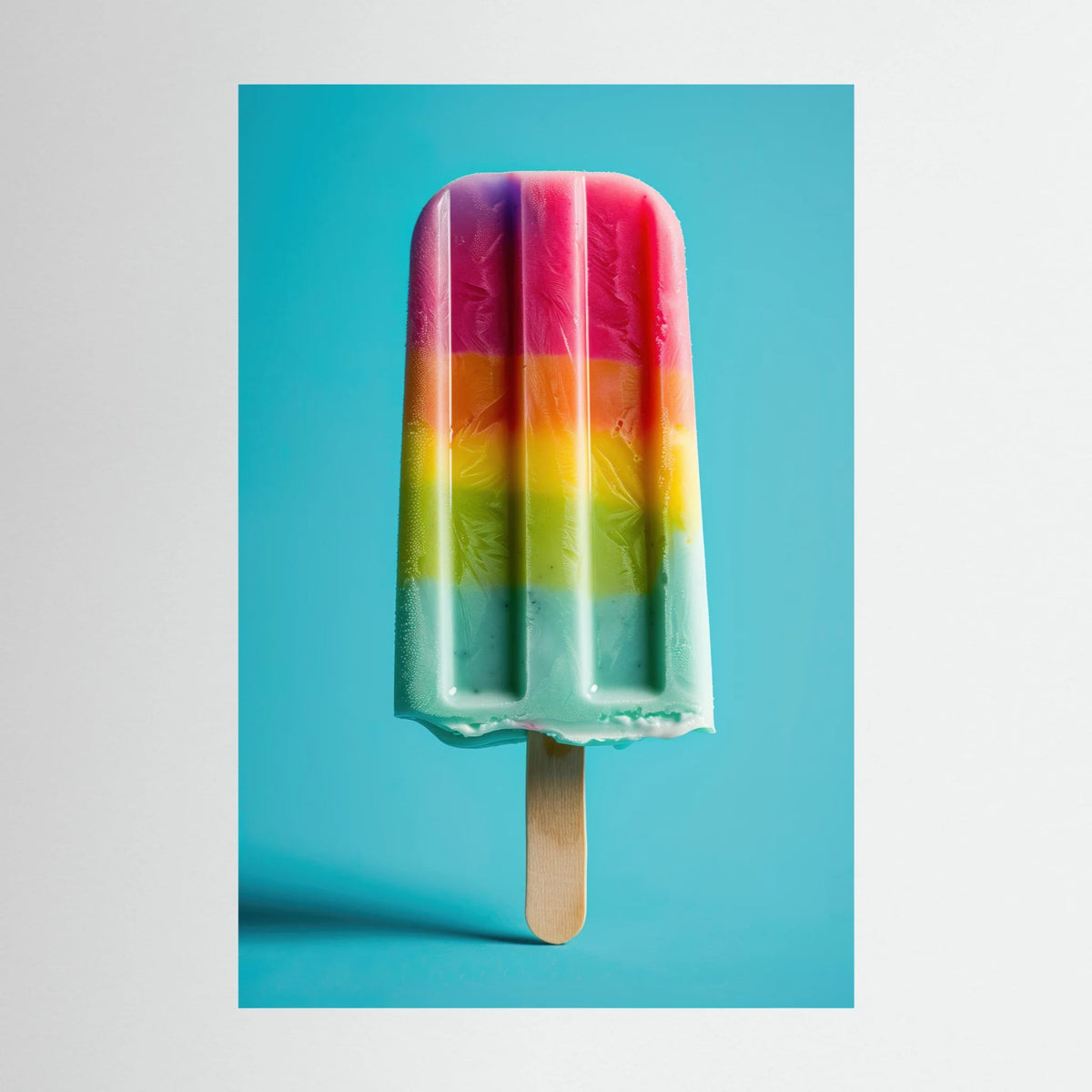 Frozen Rainbow, affiche sur papier fine art de MaxL : une glace à l'eau aux couleurs de l'arc-en-ciel sur fond bleu