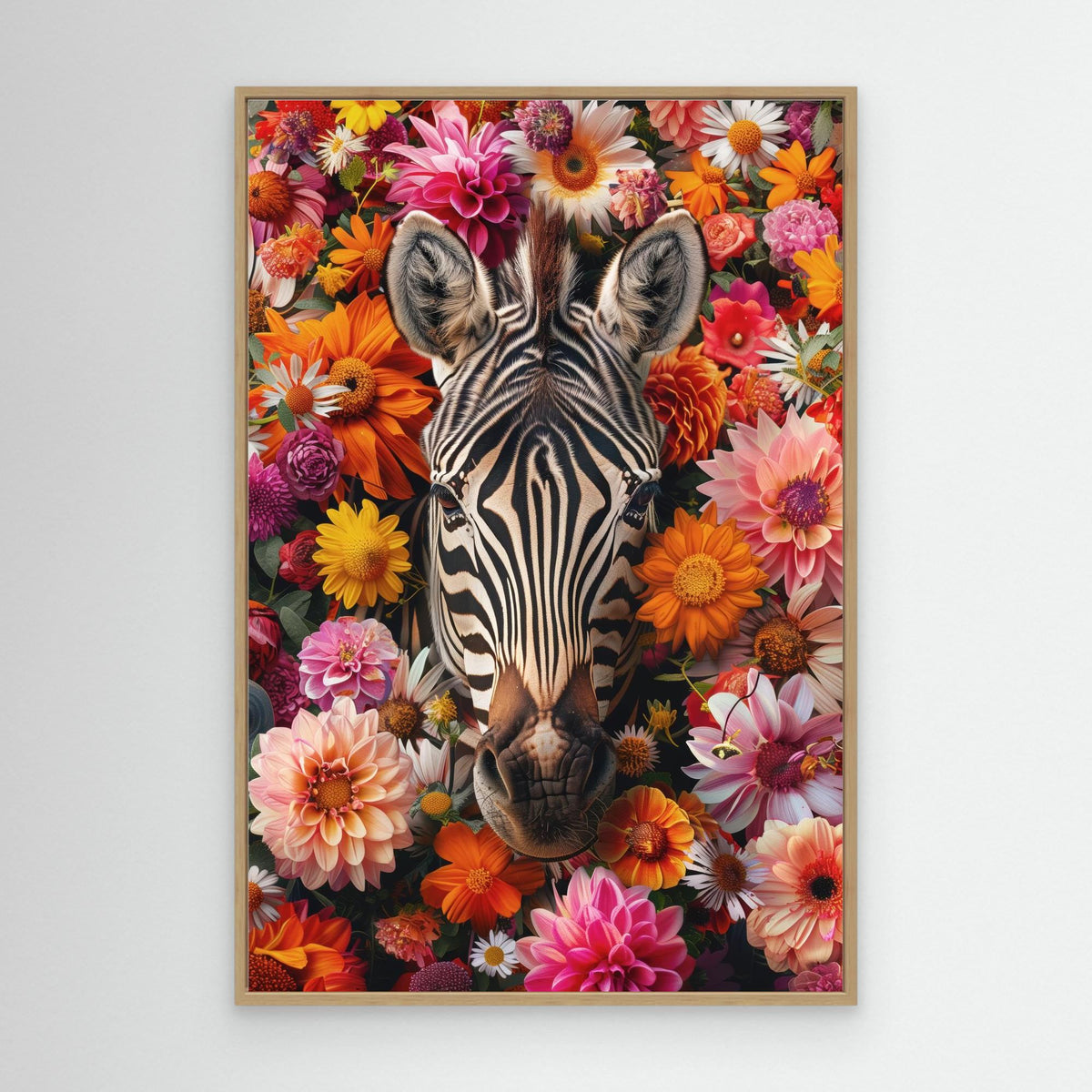Zebra Flowers Portrait, tirage sur toile de MaxL avec cadre chêne