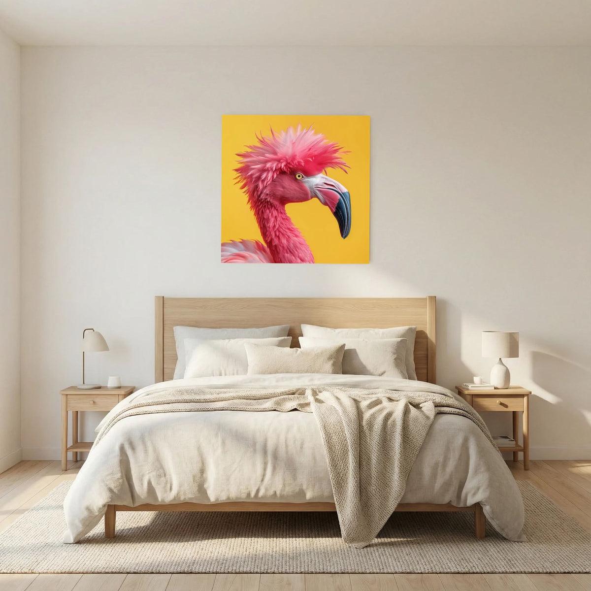 Affiche Punk Flamant Rose de MaxL au-dessus d'un lit, dans une chambre