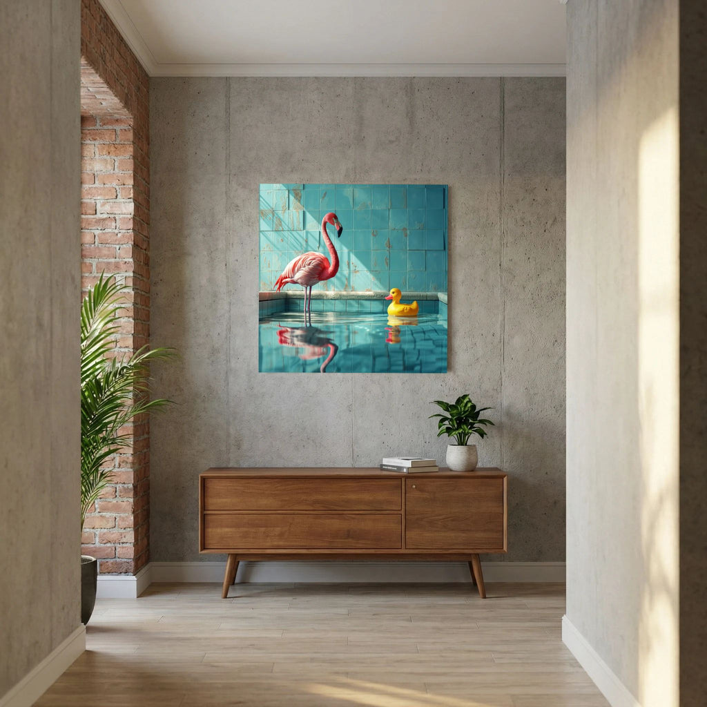 Affiche Canard de bain de MaxL au-dessus d'un buffet en bois