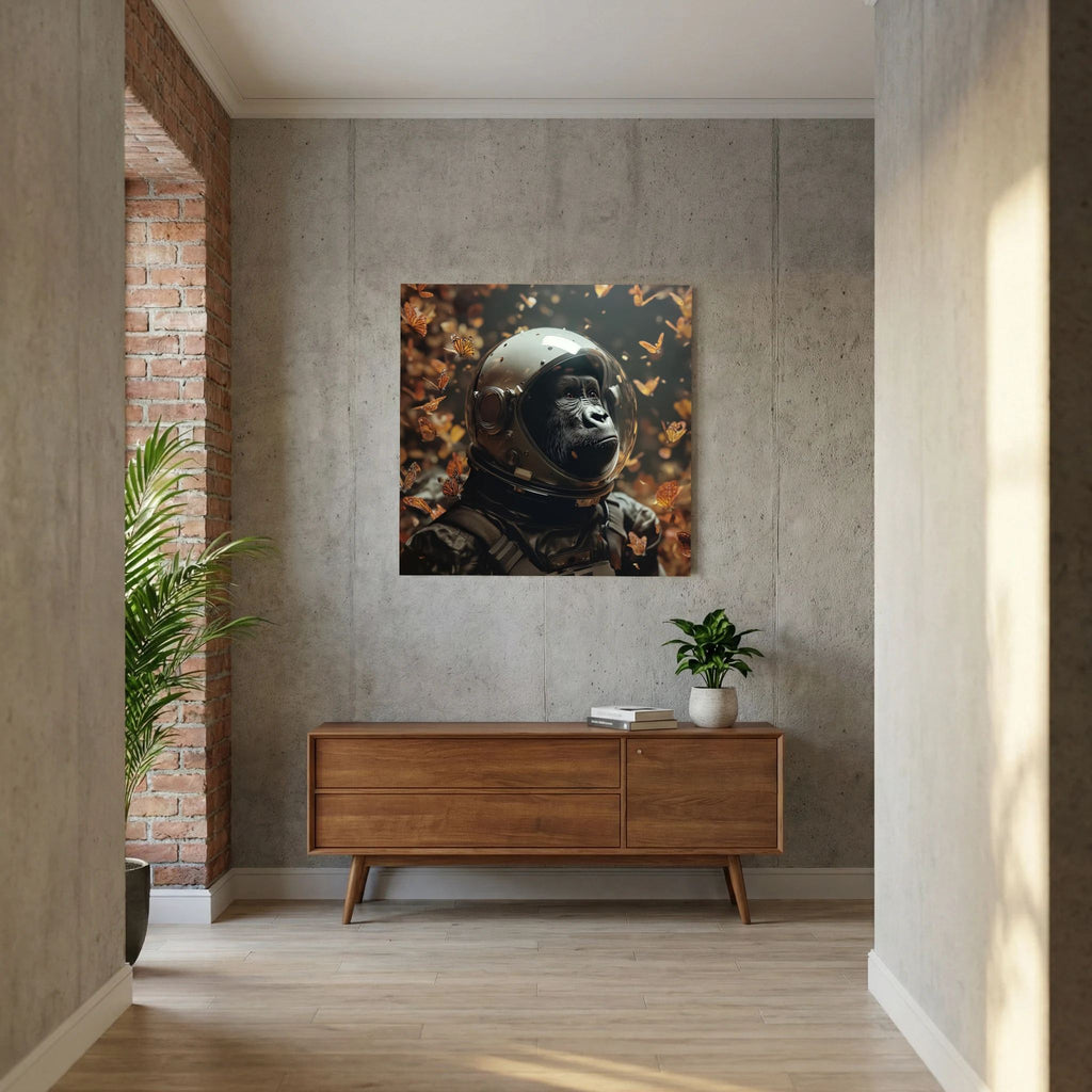 Affiche Space Gorilla de MaxL au-dessus d'un buffet en bois