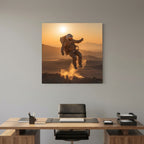 Affiche Flying astronaut in desert de MaxL au-dessus d'un bureau en bois