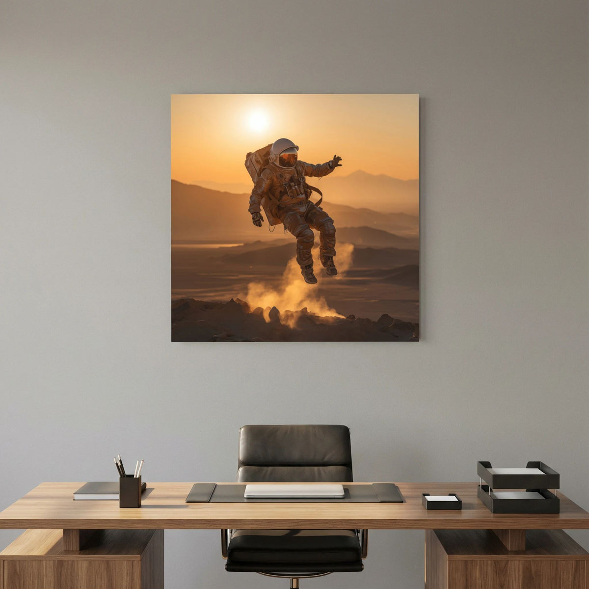 Affiche Flying astronaut in desert de MaxL au-dessus d'un bureau en bois