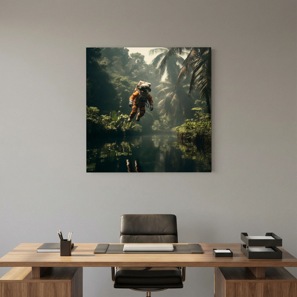 Affiche Flying astronaut in jungle de MaxL au-dessus d'un bureau en bois