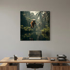 Affiche Flying astronaut in jungle de MaxL au-dessus d'un bureau en bois