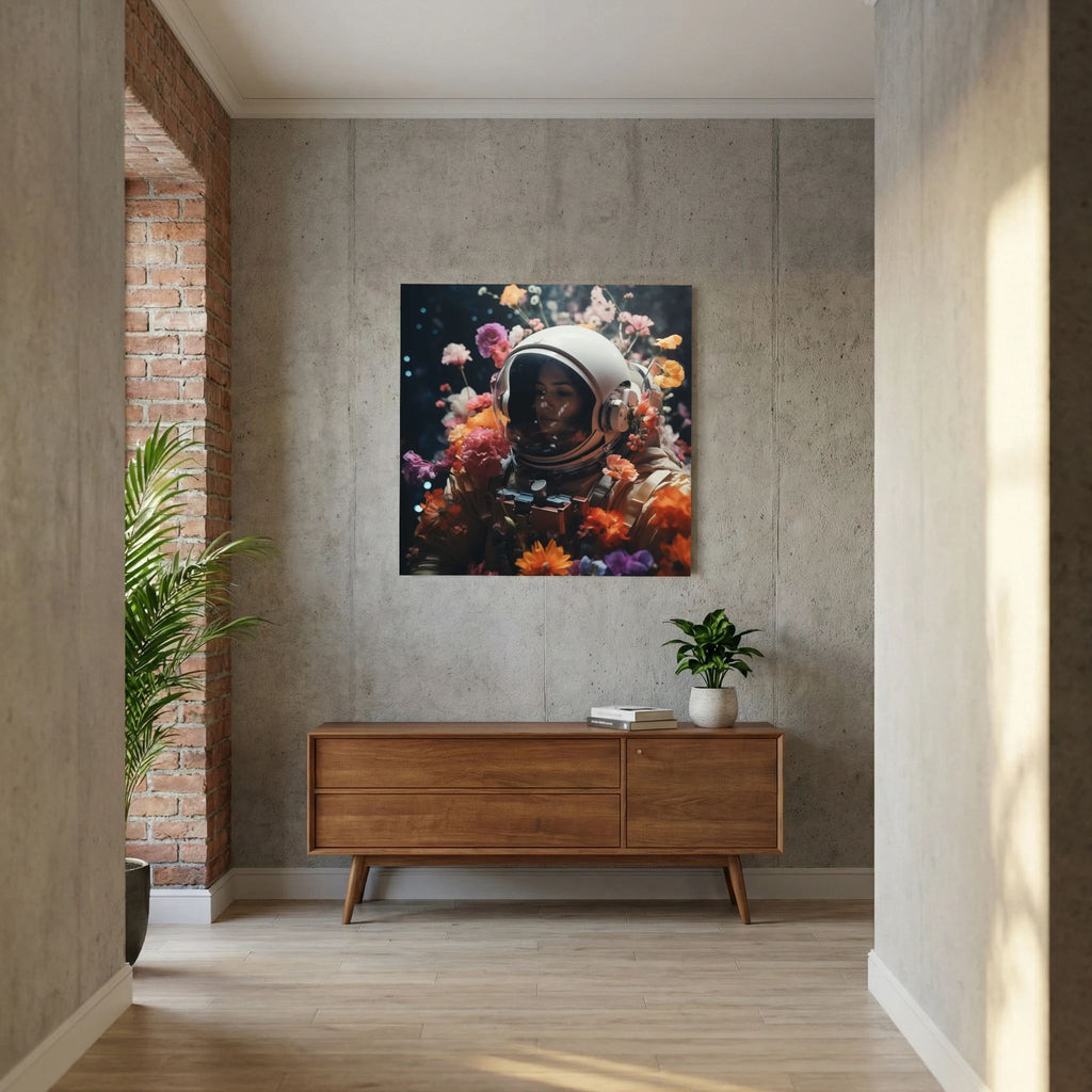 Affiche Flowers in space #3 de MaxL au-dessus d'un buffet en bois