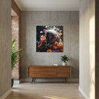 Affiche Flowers in space #3 de MaxL au-dessus d'un buffet en bois