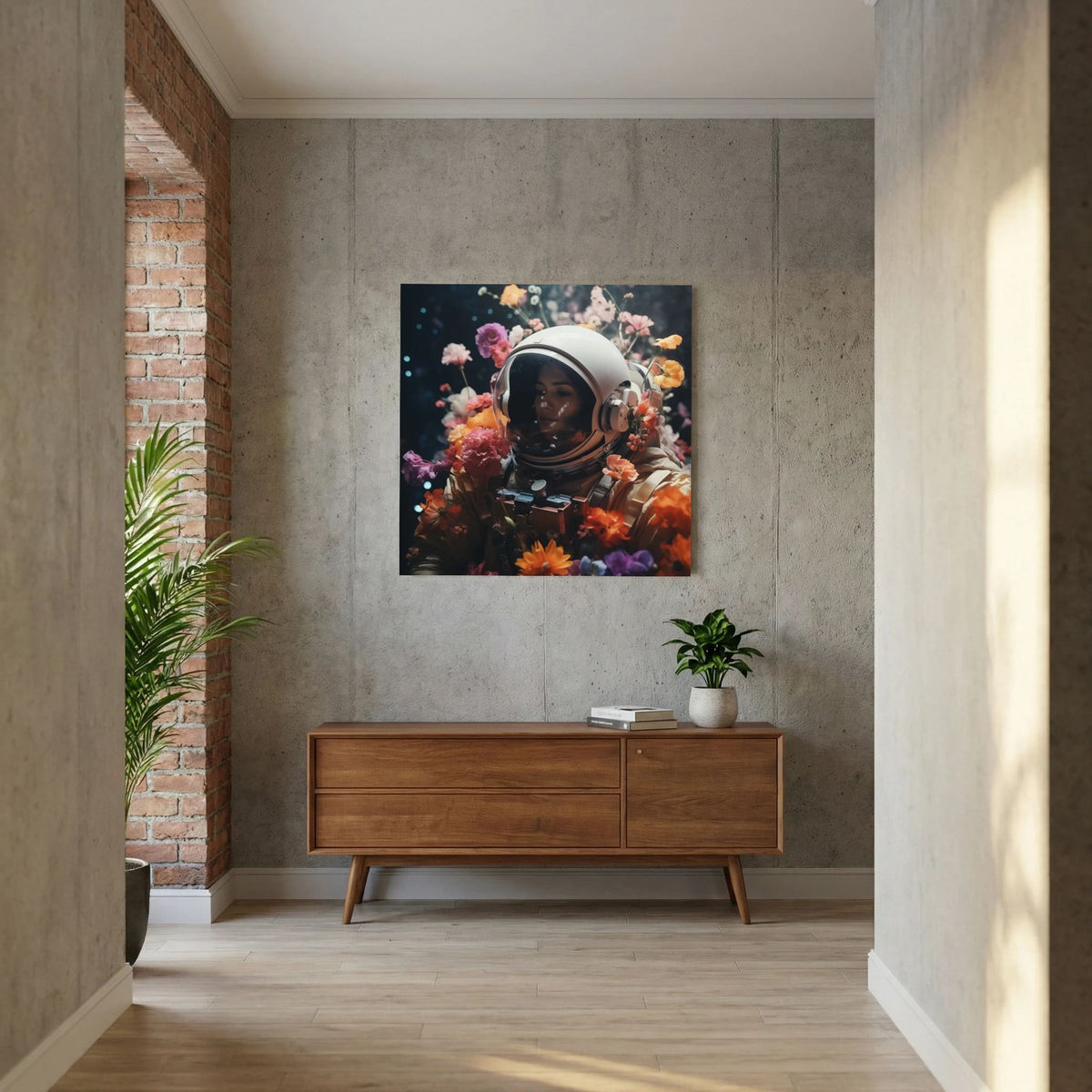 Affiche Flowers in space #3 de MaxL au-dessus d'un buffet en bois