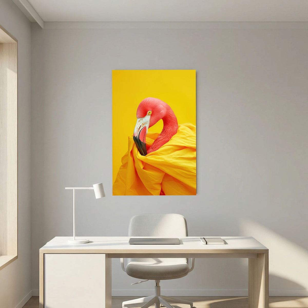 Affiche Diva Flamingo Portrait de MaxL au-dessus d'un bureau blanc