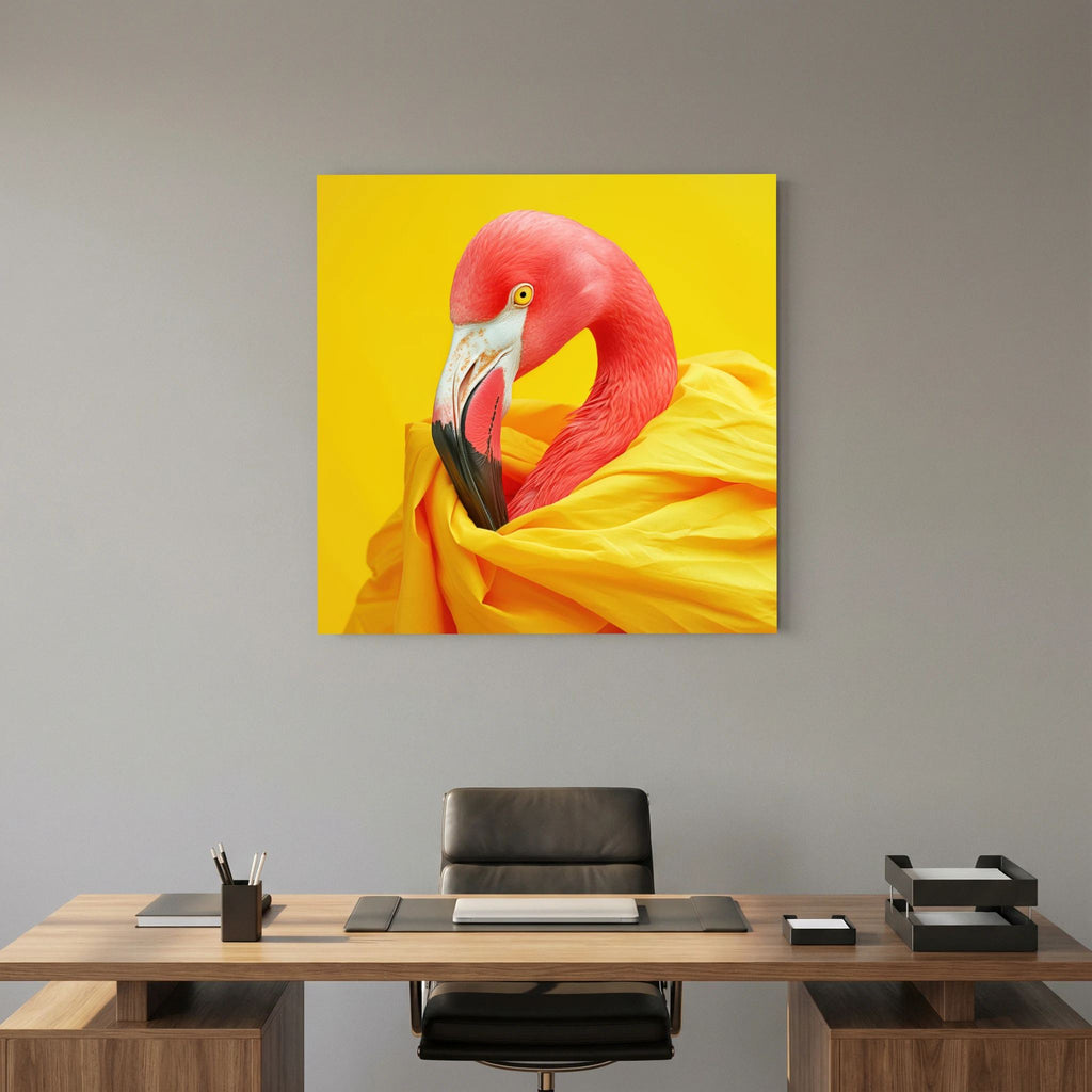Affiche Diva Flamingo Carré de MaxL au-dessus d'un bureau en bois