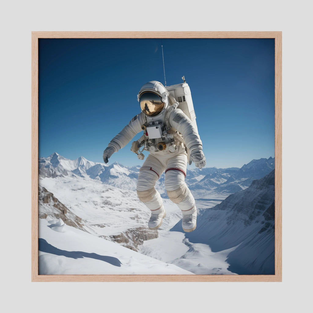 Affiche Flying astronaut in Mountains de MaxL encadrée, cadre en chêne clair