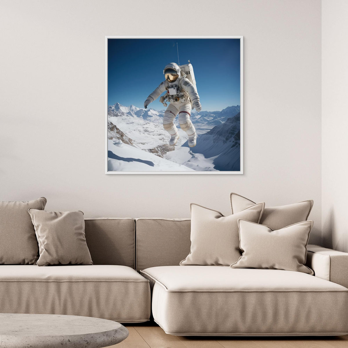 Flying astronaut in Mountains
