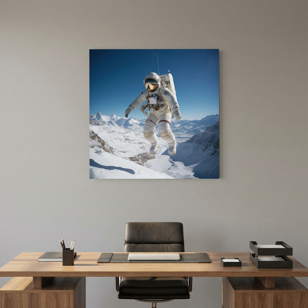 Affiche Flying astronaut in Mountains de MaxL au-dessus d'un bureau en bois