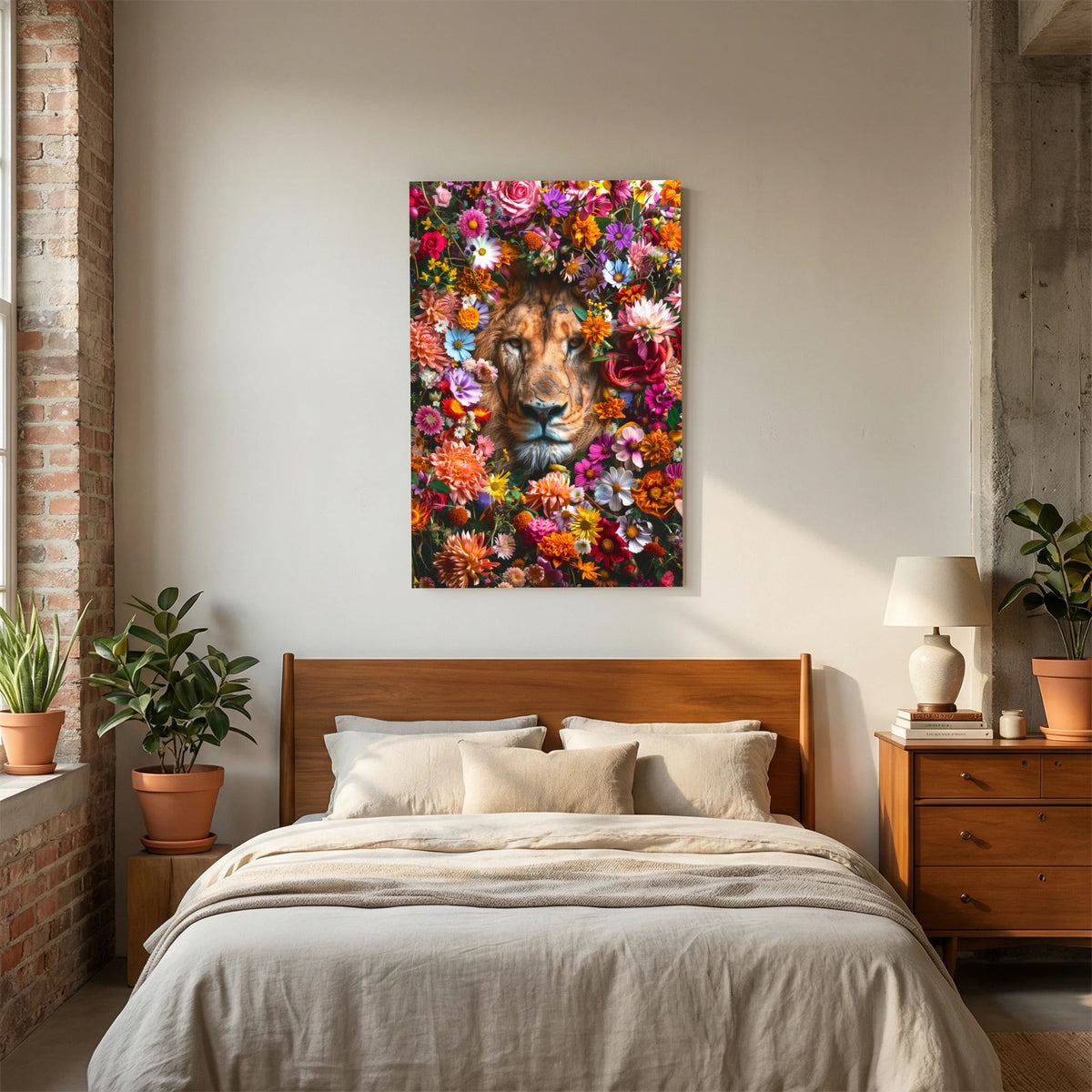 Affiche Lion Flowers Portrait de MaxL au-dessus d'un lit, dans une chambre