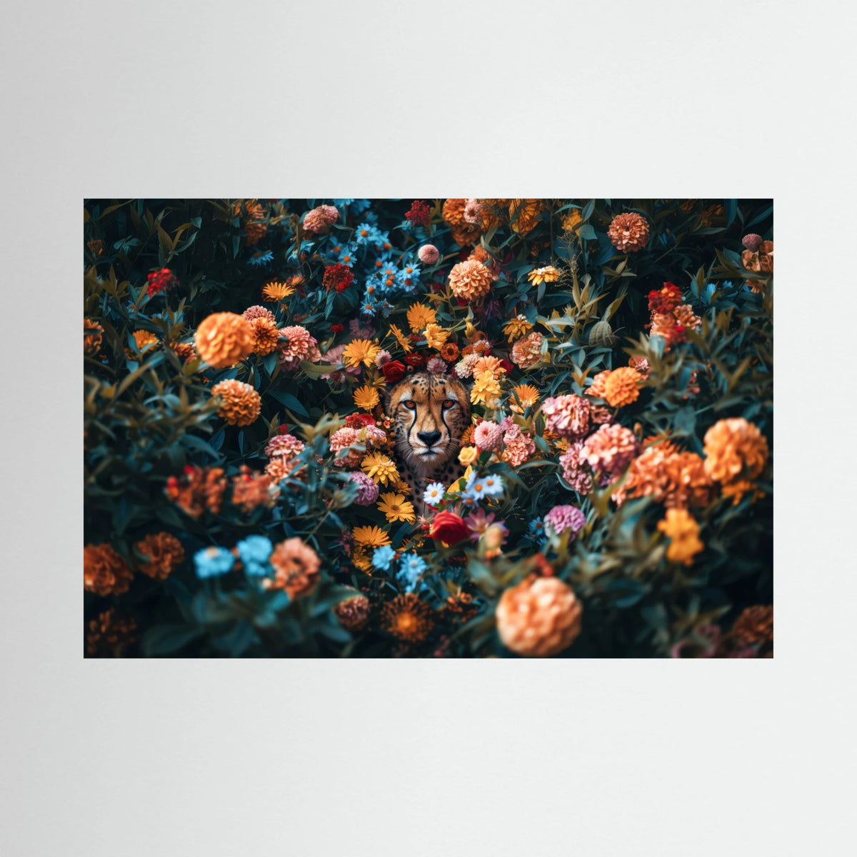 Cheetah Flowers, affiche sur papier fine art de MaxL : un guépard caché au milieu de fleurs orange et bleues