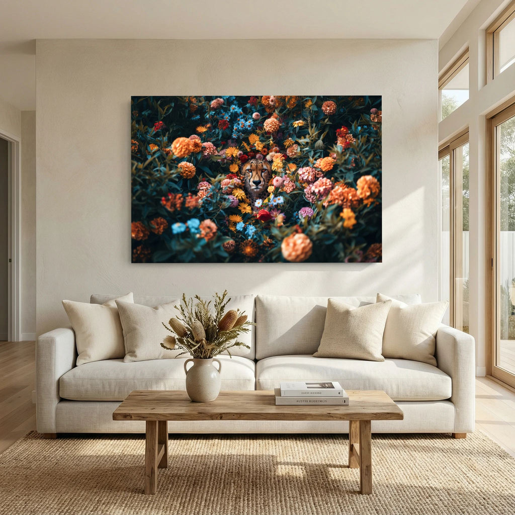 Affiche Cheetah Flowers de MaxL au-dessus d'un canapé, dans un salon