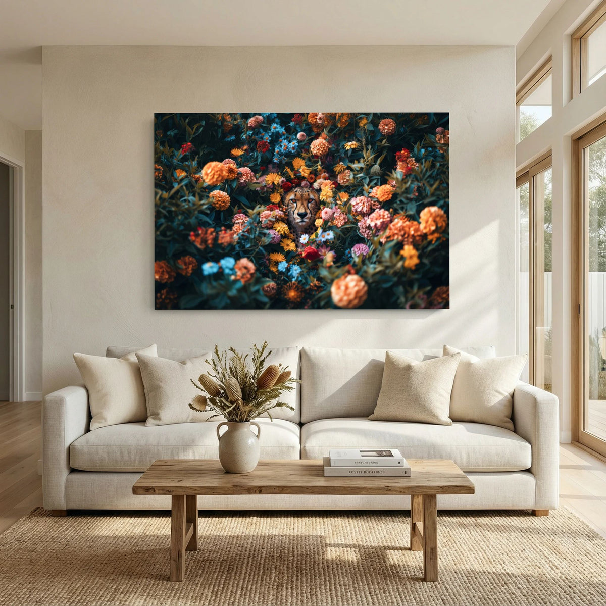 Affiche Cheetah Flowers de MaxL au-dessus d'un canapé, dans un salon