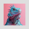 Punk Iguane, affiche sur papier fine art de MaxL : un iguane bleu à la crête hérissée, sur fond rose