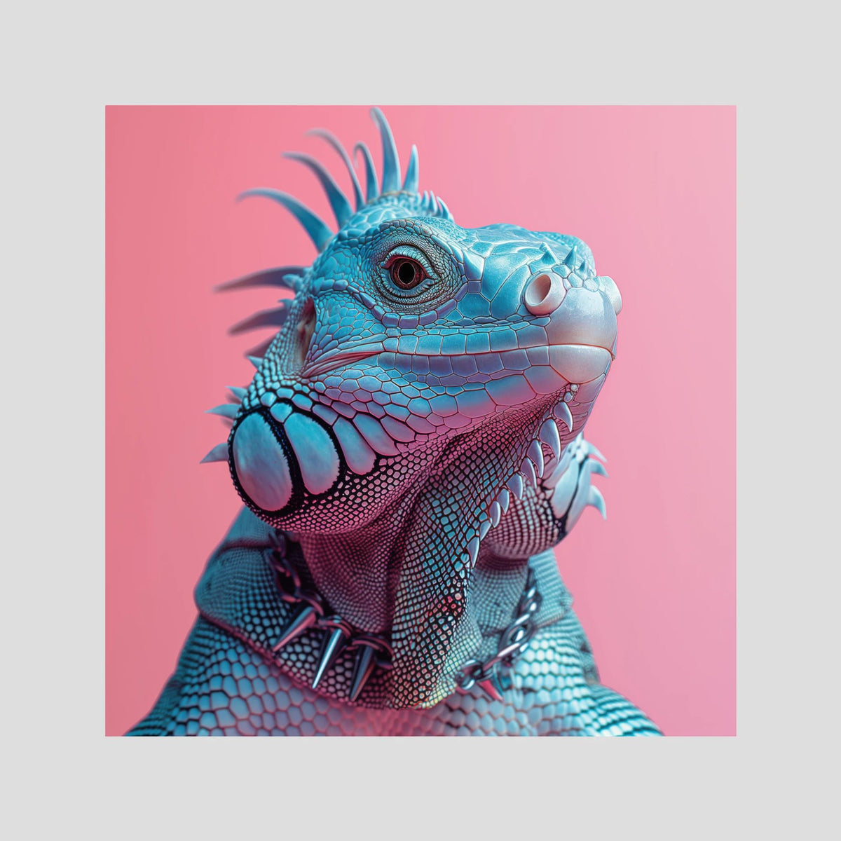 Punk Iguane, affiche sur papier fine art de MaxL : un iguane bleu à la crête hérissée, sur fond rose