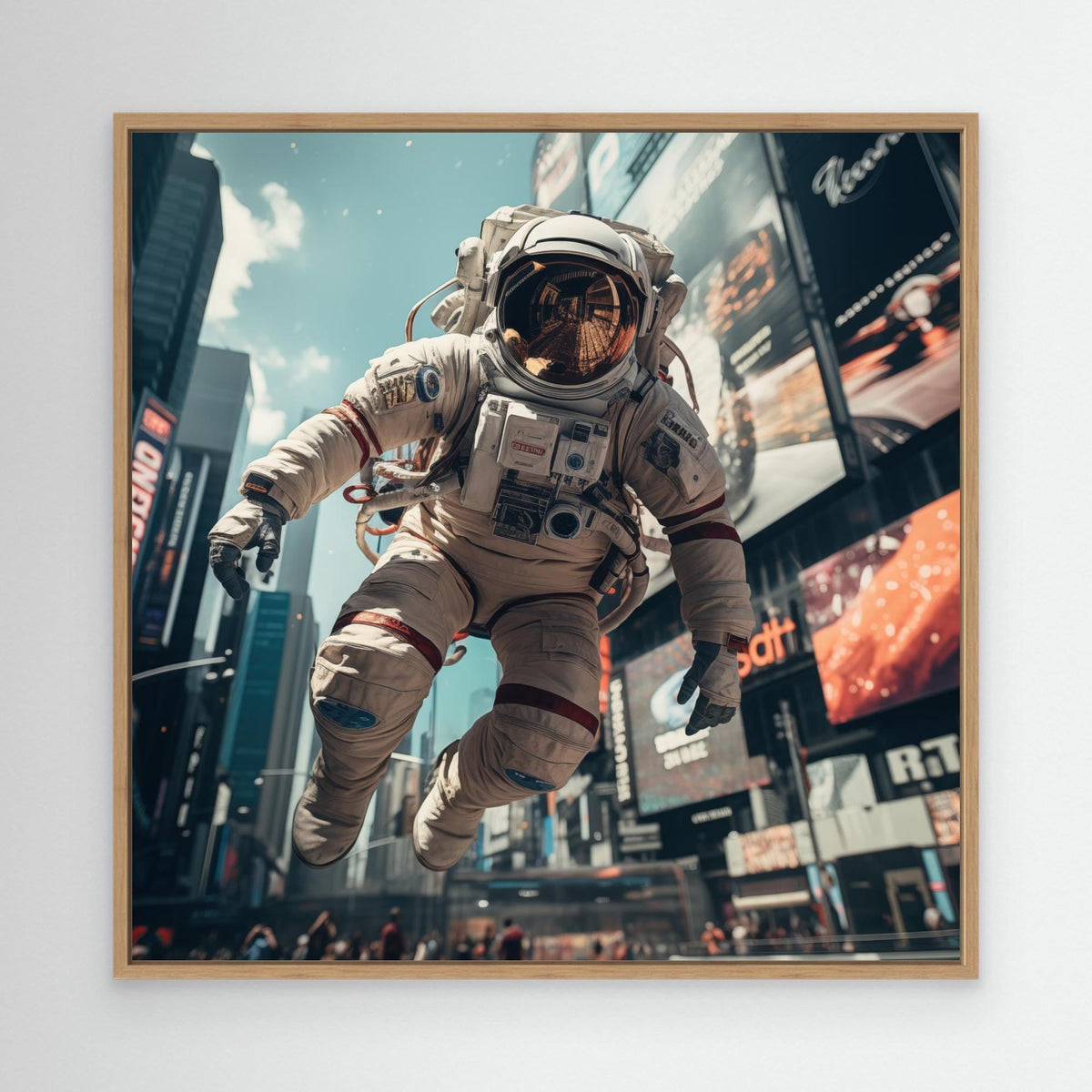 Flying astronaut in New York, tirage sur toile de MaxL avec cadre chêne