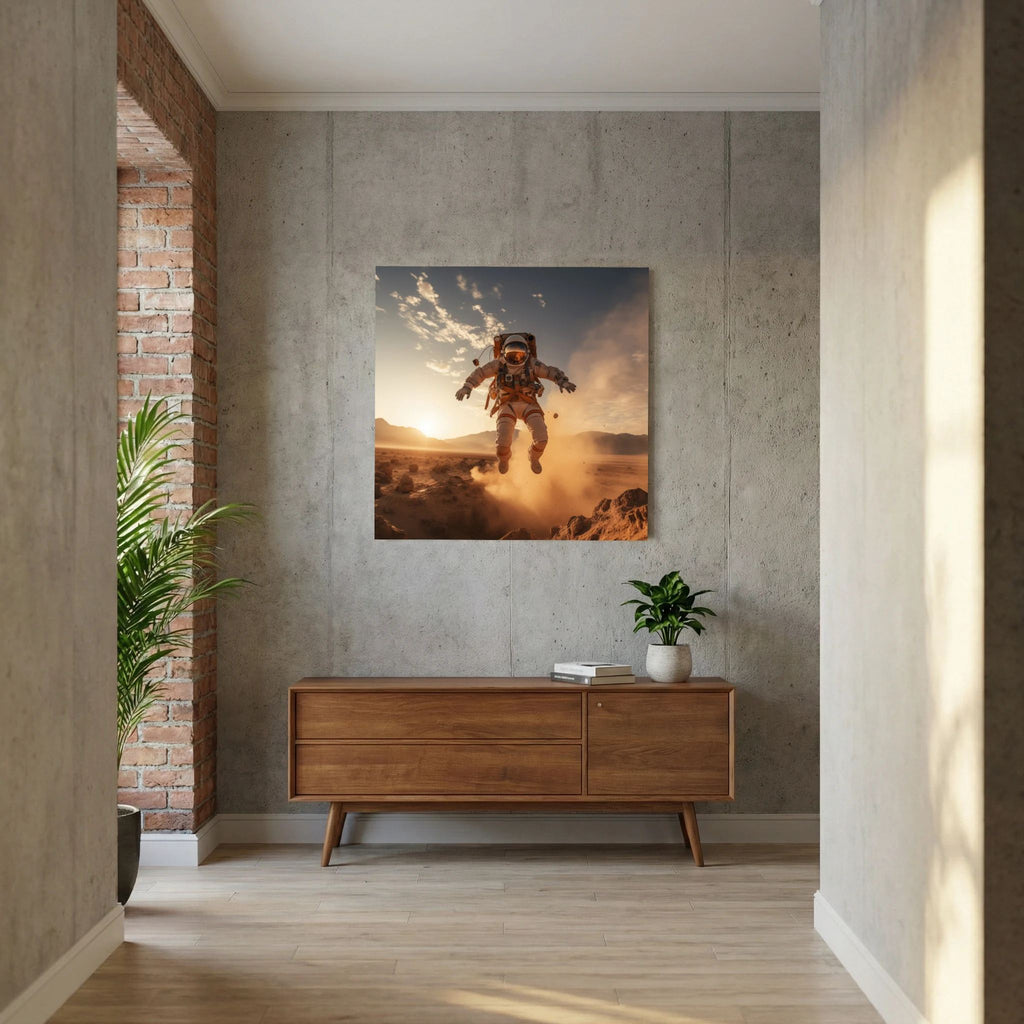 Affiche Flying astronaut in desert #2 de MaxL au-dessus d'un buffet en bois