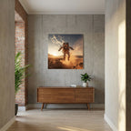 Affiche Flying astronaut in desert #2 de MaxL au-dessus d'un buffet en bois