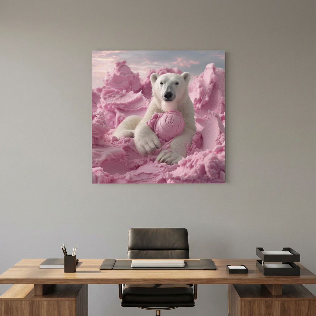 Affiche Pink Polar Ice Cream #2 de MaxL au-dessus d'un bureau en bois