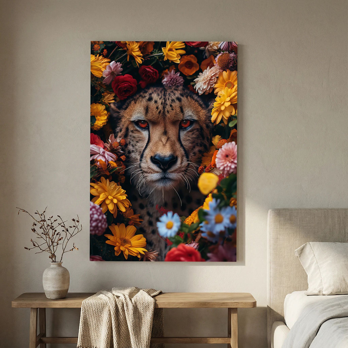 Affiche Cheetah Flowers Portrait de MaxL au-dessus d'une console en bois