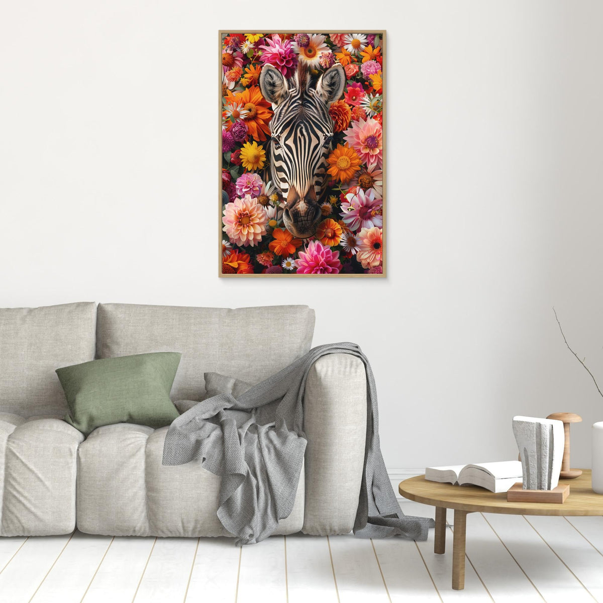 Zebra Flowers Portrait, tirage sur toile de MaxL au mur, mise en situation 1