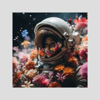 Flowers in space, affiche sur papier fine art de MaxL : une astronaute au casque rempli de fleurs, entourée de fleurs