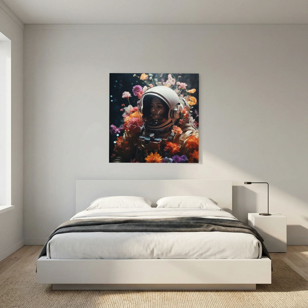Affiche Flowers in space #3 de MaxL au-dessus d'un lit, dans une chambre