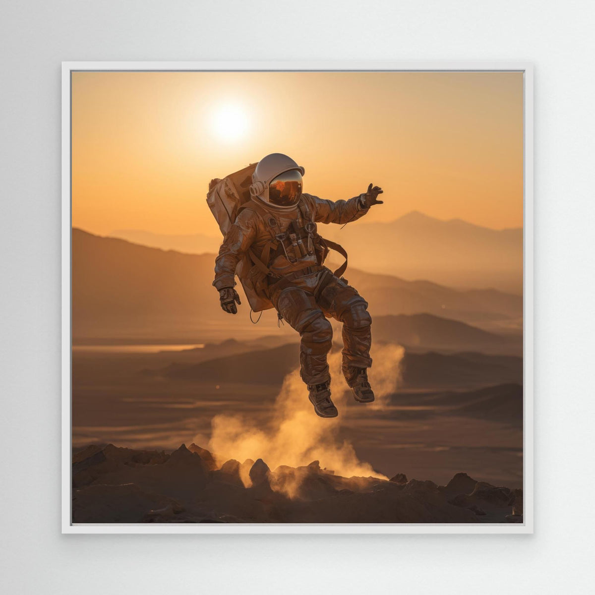 Flying astronaut in desert, tirage sur toile de MaxL avec cadre blanc