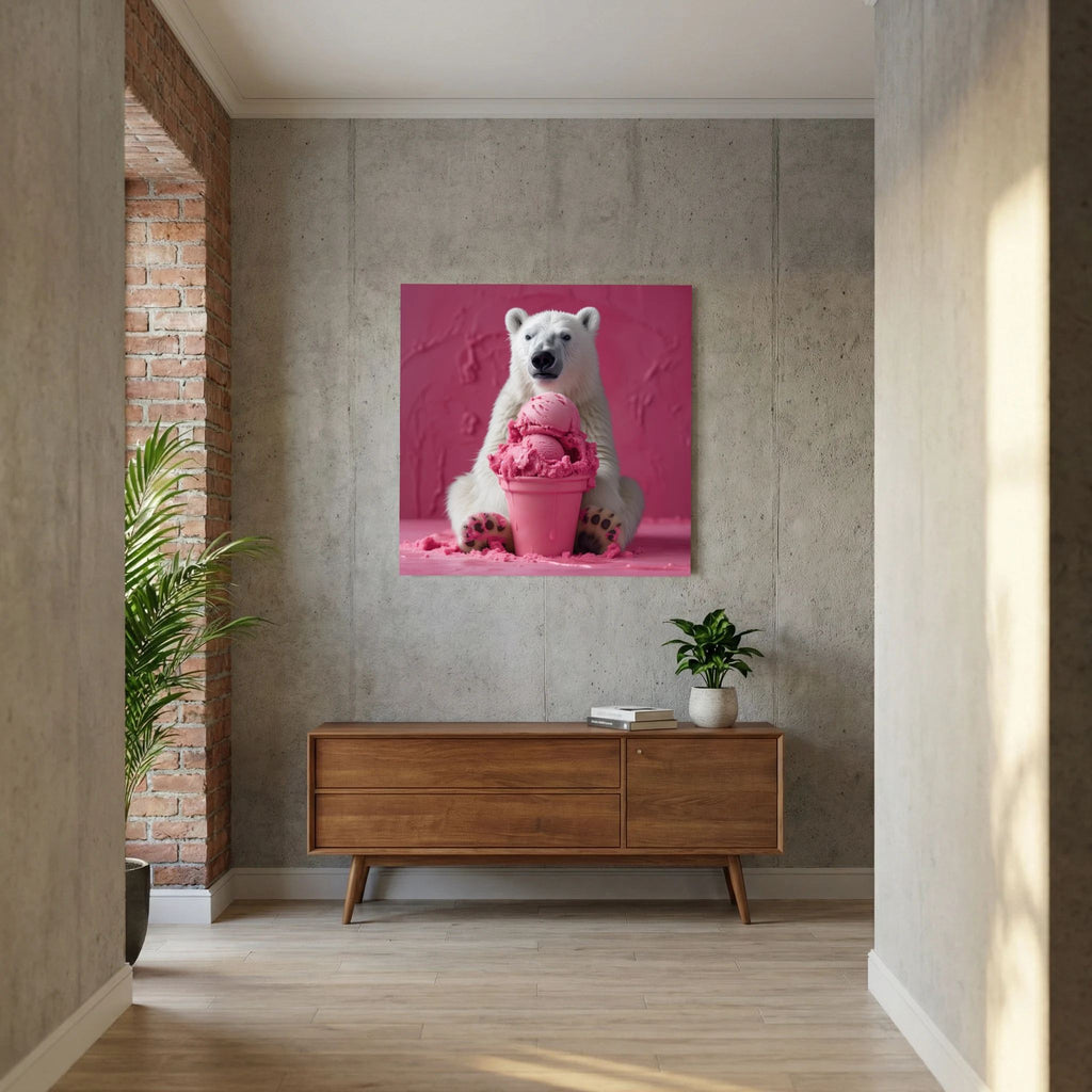 Affiche Pink Polar Ice Cream de MaxL au-dessus d'un buffet en bois