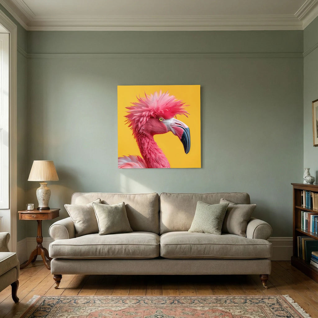 Affiche Punk Flamant Rose de MaxL au-dessus d'un canapé, dans un salon