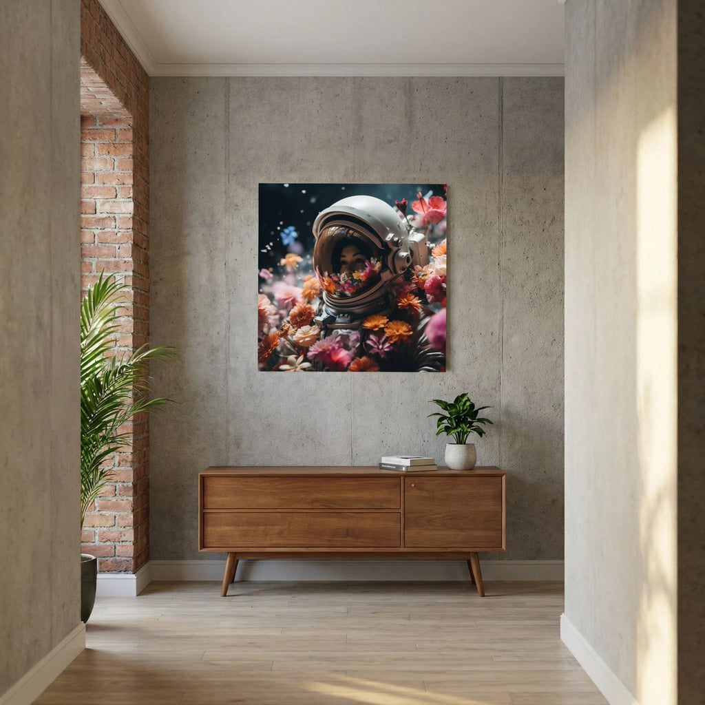 Affiche Flowers in space de MaxL au-dessus d'un buffet en bois