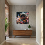 Affiche Flowers in space de MaxL au-dessus d'un buffet en bois