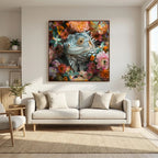 Iguana Flowers, tirage sur toile de MaxL avec cadre chêne, au-dessus d'un canapé dans un salon