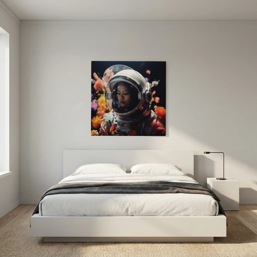 Affiche Flowers in space #2 de MaxL au-dessus d'un lit, dans une chambre