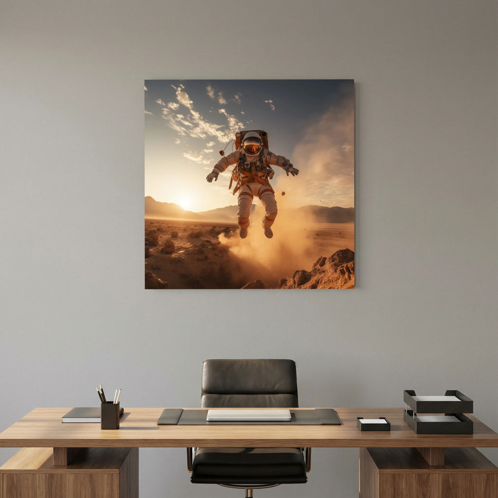 Affiche Flying astronaut in desert #2 de MaxL au-dessus d'un bureau en bois