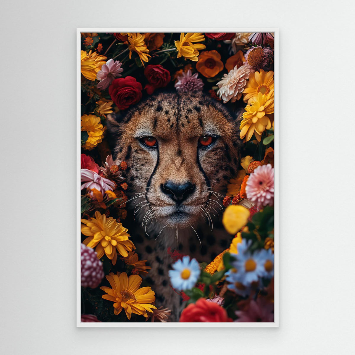 Cheetah Flowers portrait, tirage sur toile de MaxL avec cadre blanc