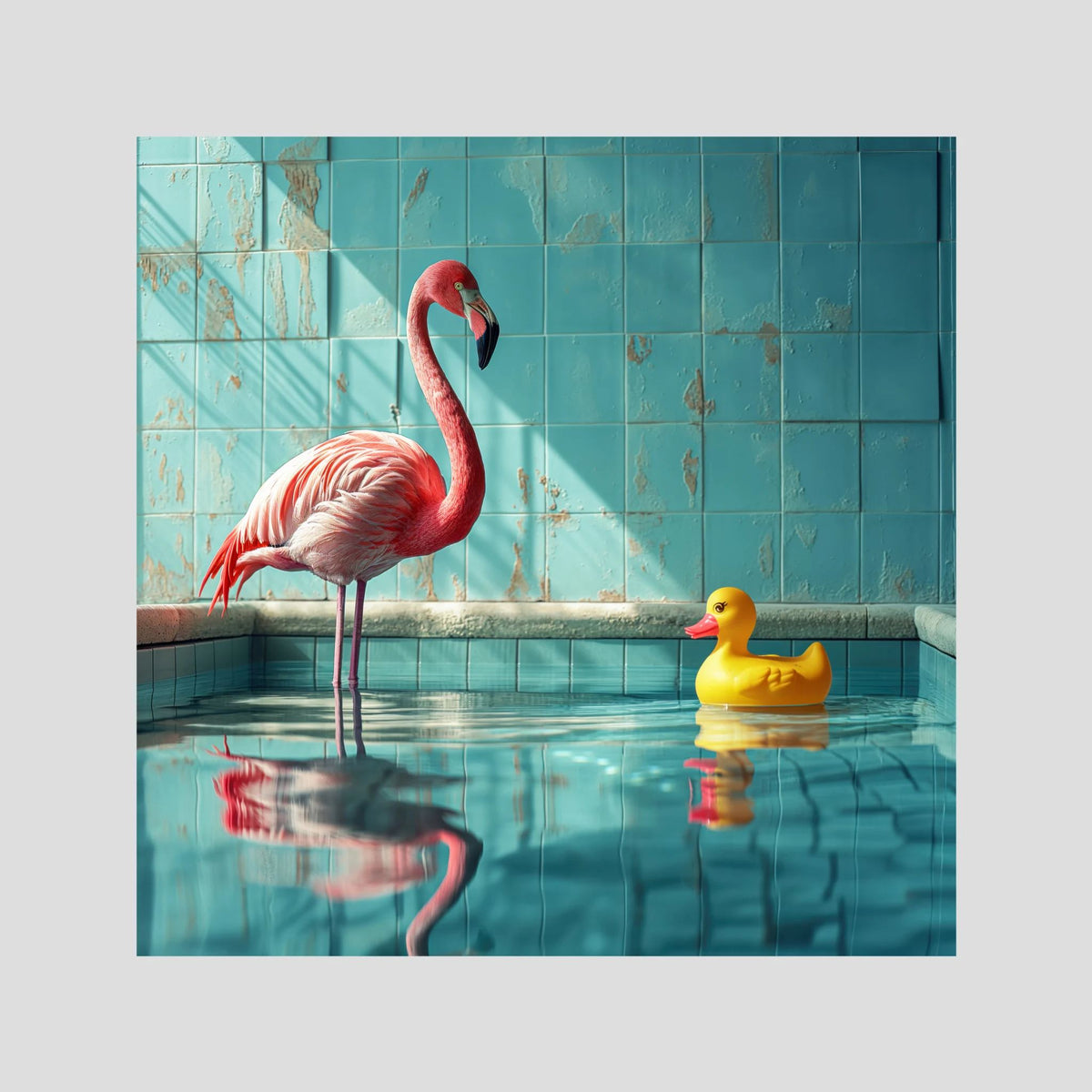 Canard de bain, affiche sur papier fine art de MaxL : un flamant rose et un canard jaune dans une piscine turquoise
