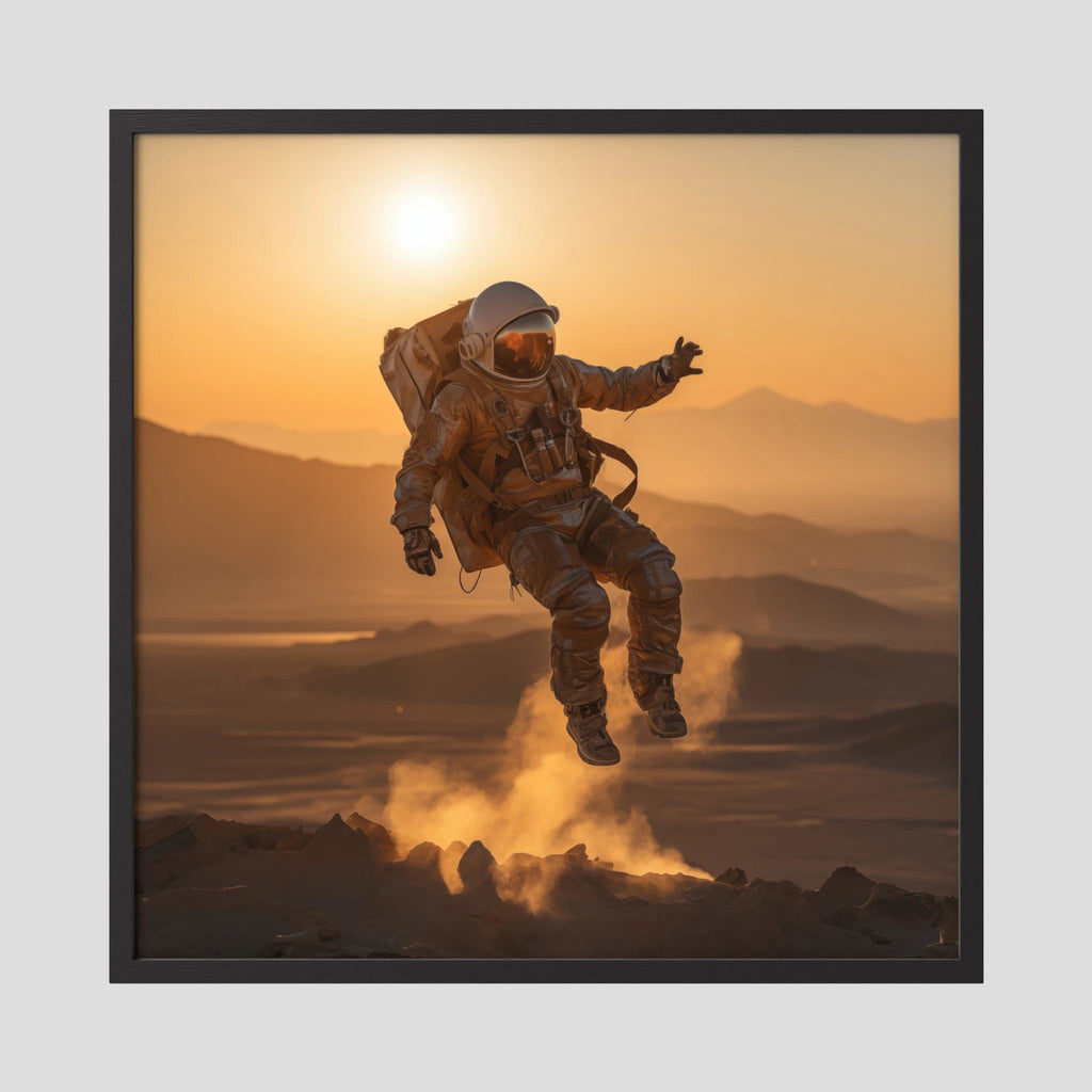 Affiche Flying astronaut in desert de MaxL encadrée, cadre en bois noir