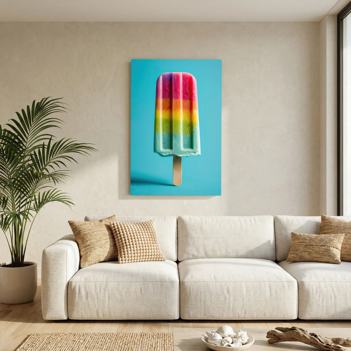 Affiche Frozen Rainbow de MaxL au-dessus d'un canapé, dans un salon