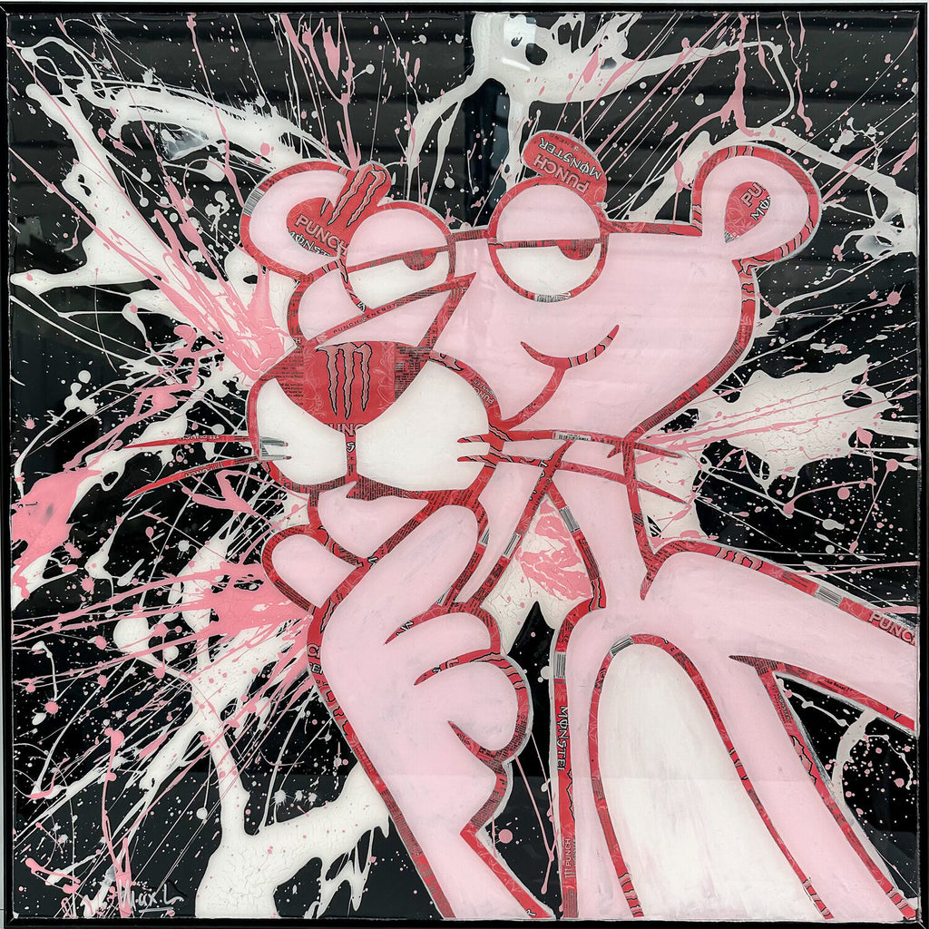 Pink Pollock Panther, tableau pop art de MaxL en canettes recyclées et résine, vue de face