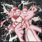 Pink Pollock Panther, tableau pop art de MaxL en canettes recyclées et résine, vue de face