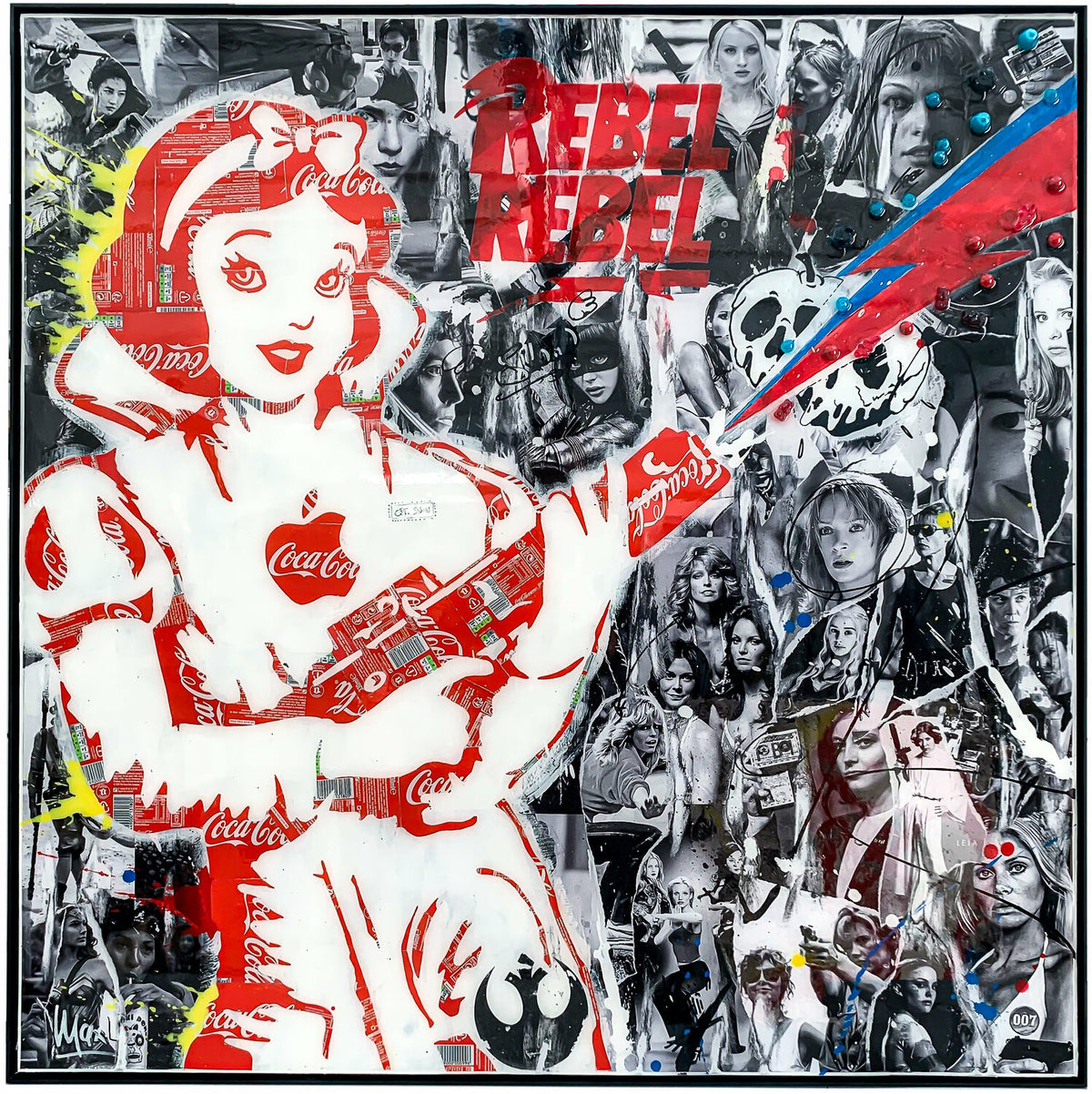 Rebel Rebel, tableau pop art de MaxL en canettes recyclées et résine, vue de face
