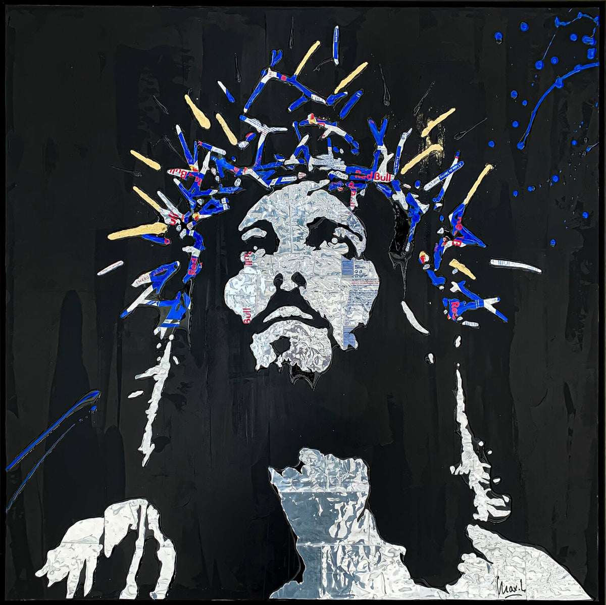 Red Bull Christ, tableau pop art de MaxL en canettes recyclées et résine, vue de face