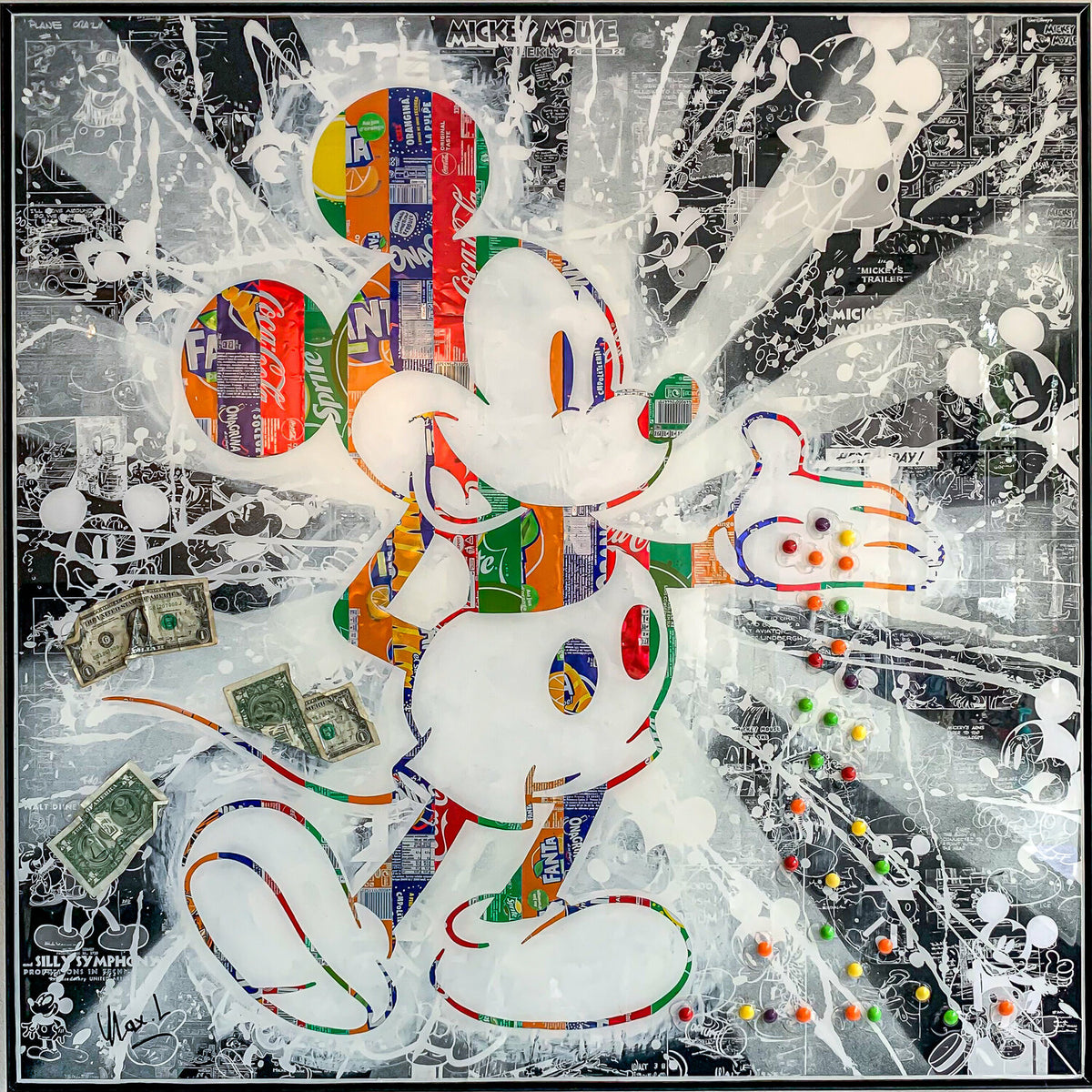 Sweet Dealer, tableau pop art de MaxL en canettes recyclées et résine, vue de face