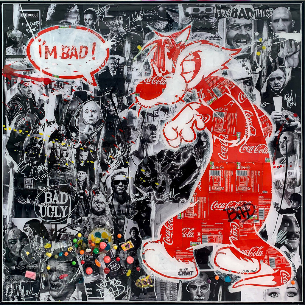 Very Bad Thing, tableau pop art de MaxL en canettes recyclées et résine, vue de face