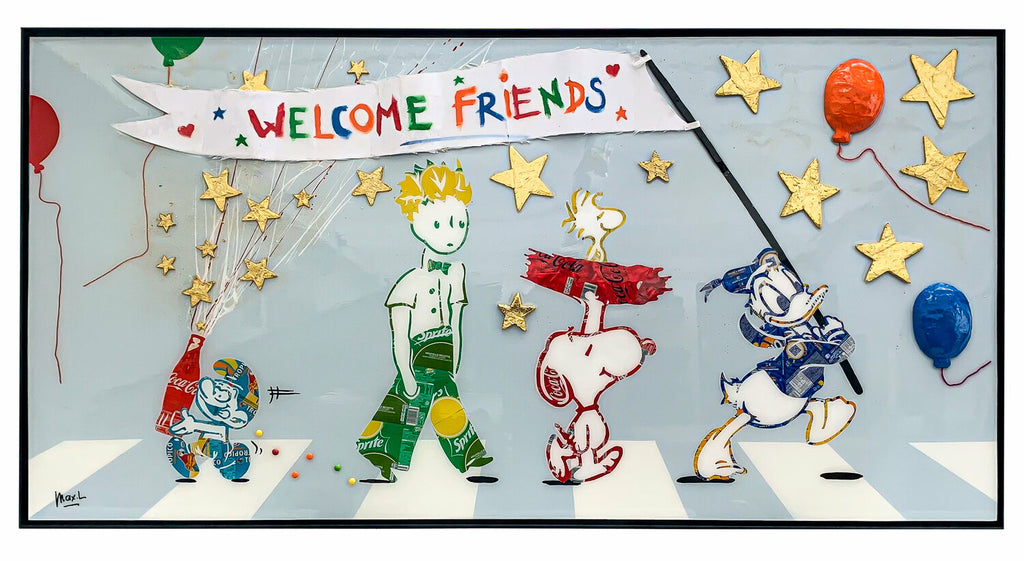 Welcome Friends, tableau pop art de MaxL en canettes recyclées et résine, vue de face